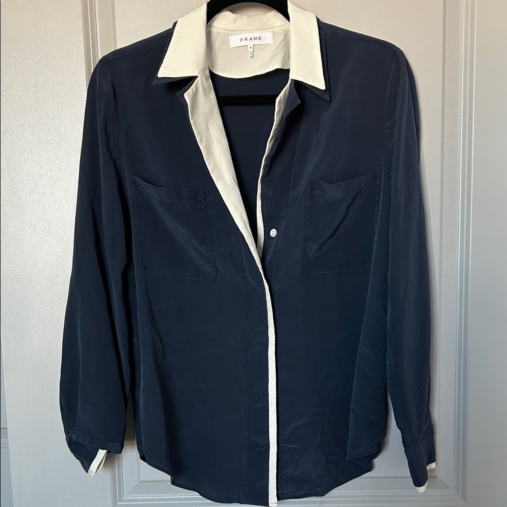 Frame Denim Navy and Cream Blouse